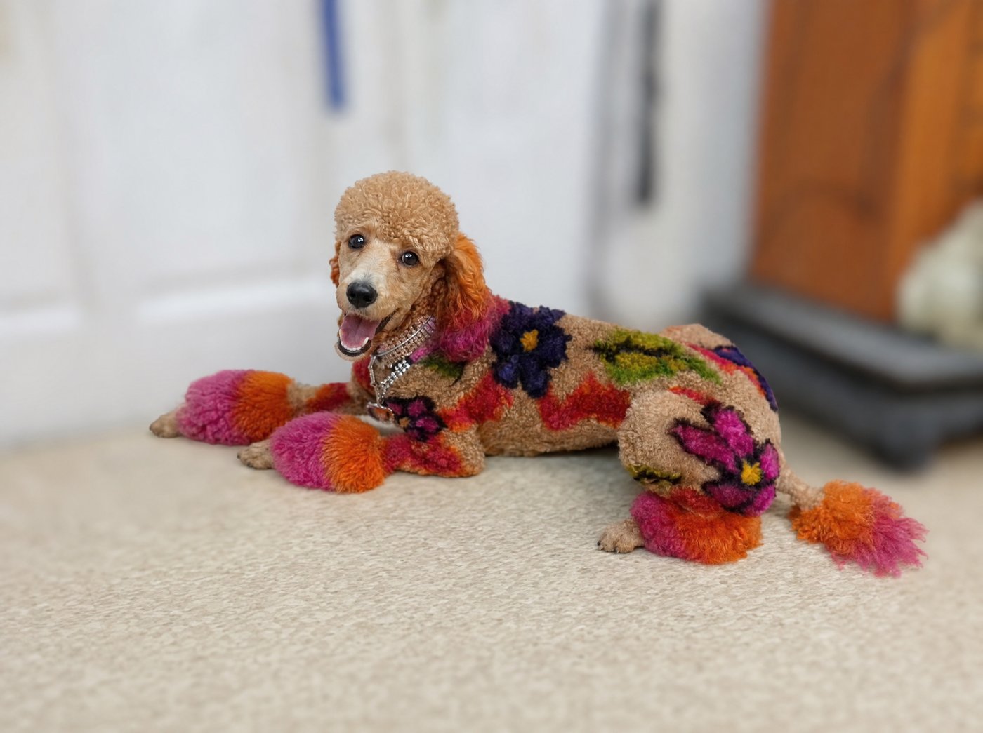 Poodle with a fun creative color groom